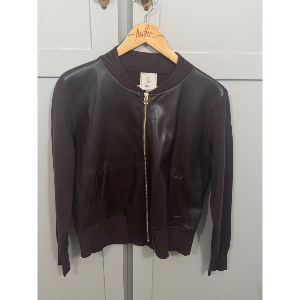 Sioni Brown Faux Leather Knit Mixed Media Bomber Jacket Gold Zip Small